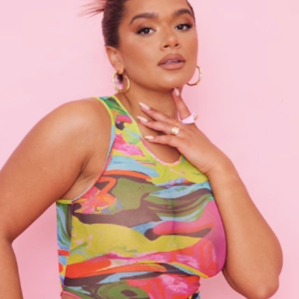 SHAPE MULTI SWIRL PRINT SHEER MESH ASYMMETRIC TOP